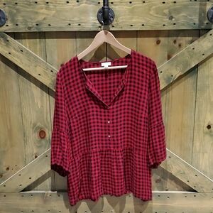 J Jill Red Black Checkered Women's Top Plaid Button Down Flowy